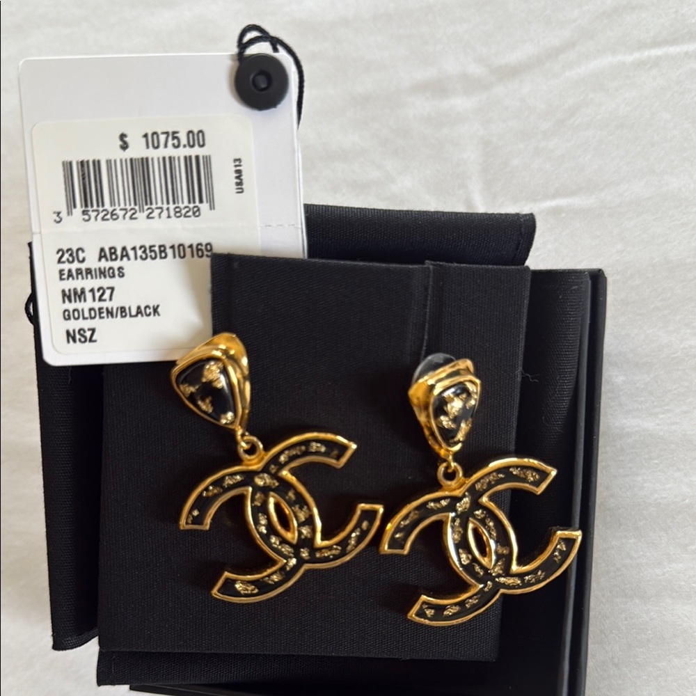 CHANEL Gold and Black Logo Earrings